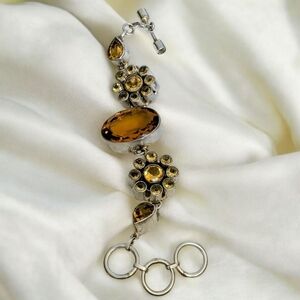 Chunky Vintage Silver Amber And Citrine Colored Glass Gemstone Bracelet